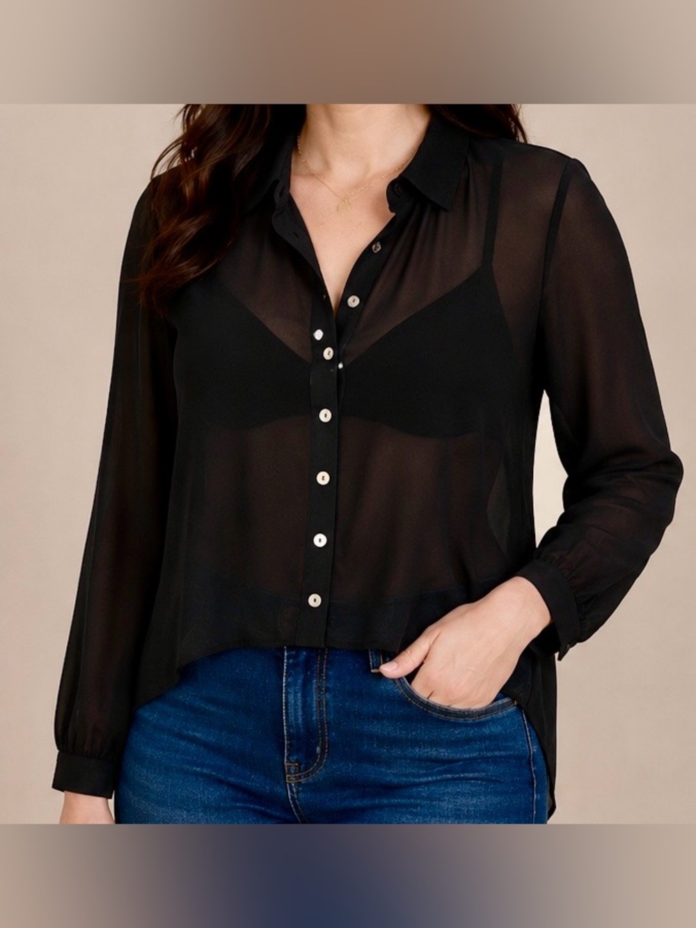 Black Sheer High-Low Button Down Blouse Lace Back Cutout